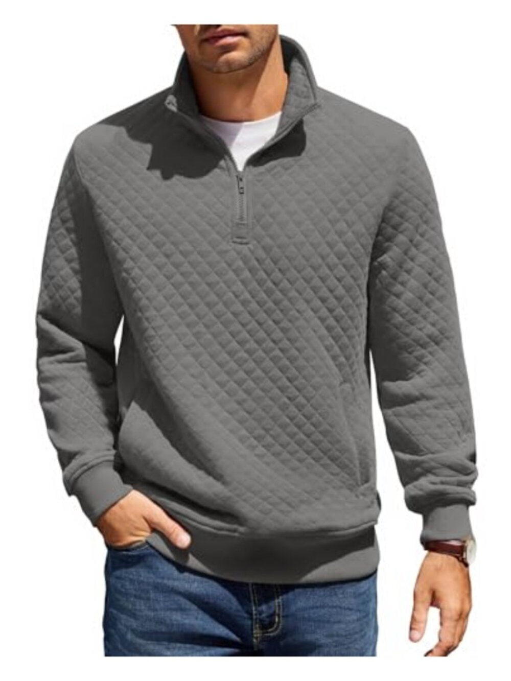 Men's Quarter Zip Quilted Pullover Sweatshirt Mock Neck Knit Sweater with Pocket